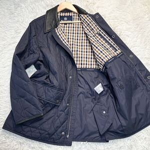 ●高級●Aquascutum アクアスキュータム ステンカラーコート ロングコート アウター レザー切替 チェック Mサイズ メンズ 紺 ネイビー