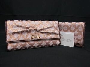 1円 ■美品■ COACH コーチ オプアート キャンバス×レザー 二つ折り 長財布 ウォレット 札入れ ピンクベージュ系×ブラウン系 BL1171