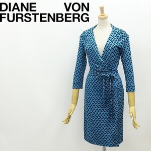 ◆DIANE von FURSTENBERG ダイアンフォンファステンバーグ NEW JULIAN TWO シルクジャージー 総柄 ラップ ワンピース 水色×ネイビー 2