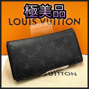 LOUIS VUITTON ルイヴィトン 折財布 モノグラムエクリプス ポルトフォイユブラザ 美品 メンズ 黒 ブラック LV 正規品 鑑定済みシルバー金具