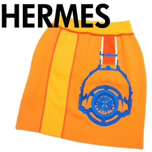 新品同様 24SS HERMES エルメス Etriers 鐙 刺繍 カシミヤ混 ニット スカート 38 オレンジ 4E2323D5