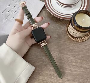 Apple Watch アップル ウォッチ フェイクレザー ブレスレット バンド 42/44/45mm　ダークグリーン+ローズバックル
