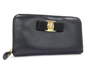 1円 ■美品■ Salvatore Ferragamo フェラガモ IY-22 0701 ヴァラリボン レザー ラウンドファスナー 長財布 ウォレット ブラック系 BJ6351