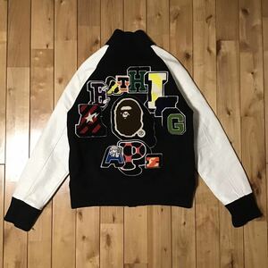 ★NFS限定★ 袖レザー BAPE LOGO varsity jacket Sサイズ black a bathing ape BAPE leather スタジャン エイプ ベイプ milo NIGO w12