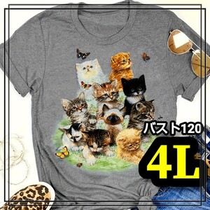 大きいサイズ レディース 半袖 Tシャツ プリント ねこ ねこ柄 猫好き グレー オーバーサイズ カジュアル XL 3L 4L ポッチャリゆったり 