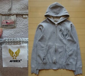 ※ダメージ有り【AVIREX】フルジップ スウェットパーカー グレー SIZE:LARGE (アヴィレックス,ミリタリー,フライト,上野商会)