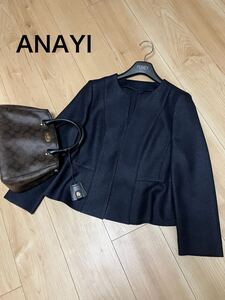 新品　ANAYI ノーカラー　ジャケット　ネイビー　紺　アナイ　フリル