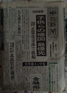 新聞紙 中日新聞 2002年10月24日日刊 古紙 1部