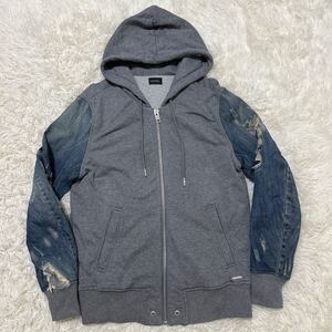 1円【即完品】DIESEL ディーゼル クラッシュデニム ドッキング パーカー スウェット デニム切替 ジップアップ ロゴ金具 ダメージ加工 M