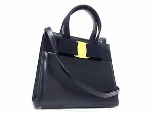 1円 ■美品■ Salvatore Ferragamo フェラガモ BA214178 ヴァラリボン レザー 2WAY ハンドバッグ ショルダーバッグ ネイビー系 FC5941