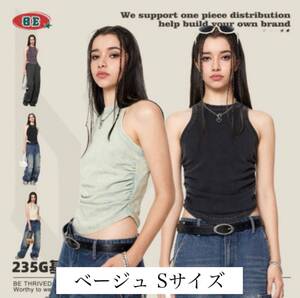 ノースリーブ タンクトップ Y2K ストリート シャツ Tシャツ トップス 韓国 ベージュ Sサイズ