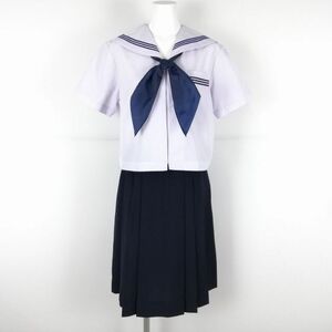 1円 セーラー服 スカート スカーフ 上下3点セット 大きいサイズ 夏物 青3本線 女子 学生服 中学 高校 白 制服 中古 ランクB NA6710