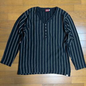 ①Dickies ディッキーズ L 黒 black 古着 ヘンリーネック ピンストライプ