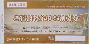 ホテル多度温泉 株主優待券 30%割引券 男性名義 2025年8月まで 三重県桑名市