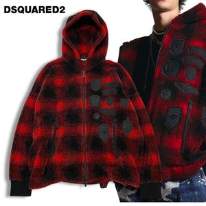 8 国内正規品 DSQUARED2 ディースクエアード バッファローチェック フリース ボア ジャケット 21AW CHECK PATCH ZIP HOODIE レッド