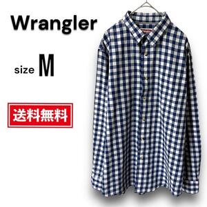 【美品・送料無料】ラングラー メンズ 長袖 シャツ M ボタンダウンシャツ ブルー Wrangler