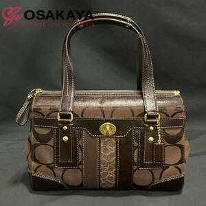 中古 美品 COACH コーチ シグネチャー ハンドバッグ キャリーオール ハンプトンズ ブラウン キャンバス レザー トート レディース 11071