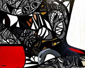 油彩/油絵　『黒と赤と白の世界』Mitsuyo　F30号　額装　☆送料無料☆【真作】