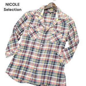 NICOLE Selection ニコル セレクション 春夏 襟袖ワイヤー★ 麻 リネン混 7分袖 ウエスタン チェック シャツ Sz.46　メンズ　A4T04123_4#A