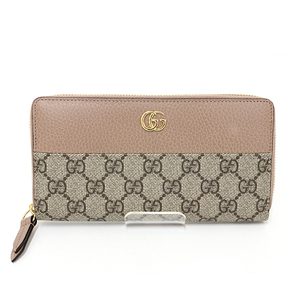 グッチ GUCCI ダブルG ジップアラウンド ウォレット ベージュ＆エボニー GGスプリーム キャンバス ダスティ ピンクレザー 456117 未使用品