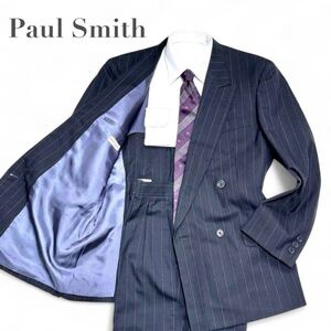 1円〜 美品 Paul Smith ダブルブレスト セットアップ ブラック ストライプ 裏地パープル ポールスミス サイドM スーツ