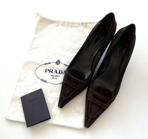 【美品】 PRADA プラダ パンプス イタリア 37.5サイズ 24-24.5㎝ ダークブラウン スウェード ローヒール シューズ