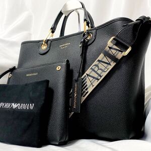 超美品 A4◎■EMPORIO ARMANI エンポリオアルマーニ トートバッグ ショルダー ビジネス 2way 肩掛け◎ メンズ レディース シボ革 ブラック