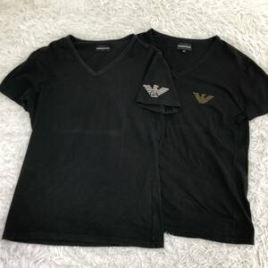 美品 エンポリオアルマーニ EMPORIO ARMANI Vネック 半袖 Tシャツ イーグルロゴ シルバー ブラック 黒 メンズ XLサイズ 2枚セット