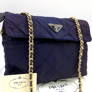 極美品■ プラダ 2196 PRADA チェーン ショルダーバッグ フラップ キルティング ナイロン テスート 白タグ ネイビー パープル １円