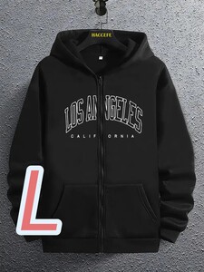 【暖軽パーカー】新品◎黒★Lサイズ《Los Angeles》★軽い裏フリース●ゆったりサイズ■前開きZIPパーカー★スウェット