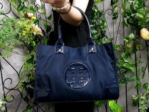 ●超美品●TORY BURCH トリーバーチ●エラ●ナイロン エナメル パテント レザー 本革●トート バッグ●ネイビー●G金具●B5 収納●Js47489