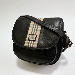 M79 美品 Burberry バーバリー ヴィンテージ ロゴプレート ノバチェック キャンバス レザー 本革 ミニ ショルダーバッグ ブラック