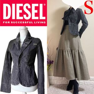 希少！激レア！ディーゼル　しわ加工　チェック　ペイント　スカルロゴブローチ付　ジャケット　S グレー　DIESEL デニム調　コットン