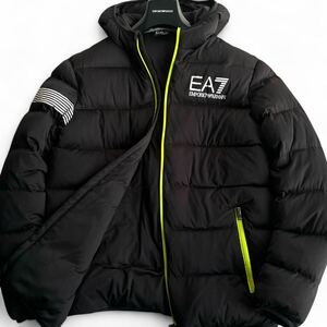 EA7 EMPORIO ARMANI【XXL】美品 ダウンジャケット フード 肉厚 ロゴプリント ブラック 黒 エンポリオ アルマーニ 大きいサイズ