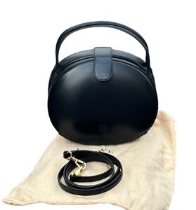 美品◆本物◆ロエベLOEWEアナグラム丸型Vintageヴィンテージ黒金2way斜めがけハンドバッグショルダーバッグカーフ・レザー