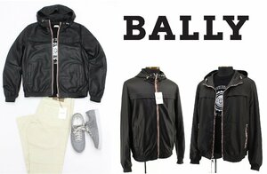 48万新品◆52=XL◆BALLY バリー 上質ラムレザー×バリーストライプ 表裏リバーシブル仕様 フード付きフロントジップ型ジャケット 黒 1円