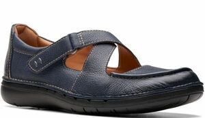 送料無料 Clarks 24.5cm ストラップ フラット メリージェーン ネイビー ブルー ヒール レザー 軽量 ソフト ソール ビーサン ウエッジ at43