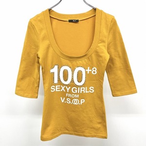 スライ SLY Tシャツ 5分袖 Uネック ラインストーン SEXY GIRS プリント ストレッチ 綿×ポリウレタン S マスタードイエロー レディース