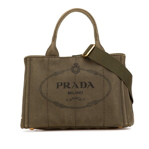 プラダ ジャガードロゴ カナパ ミニ 三角ロゴ ハンドバッグ ショルダーバッグ 2WAY カーキ キャンバス レディース PRADA 【中古】