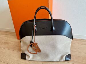 ◎HERMES エルメス ハンドバッグ ビジネス トラベル ボリード45 チャーム付き○L刻印 トワルアッシュ×レザー アイボリー×ブラウン◎