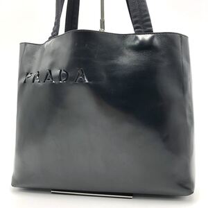 【極美品】PRADA プラダ ロゴ 型抜き ハンドバッグ トートバッグ 肩掛け可能 B5 メンズ ビジネス カーフ レザー 本革 ブラック 黒 白タグ