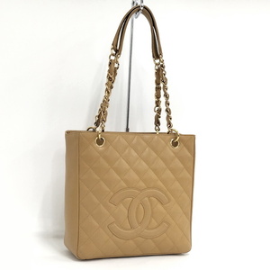 【中古】CHANEL PST チェーントートバッグ ココマーク キャビアスキン ベージュ