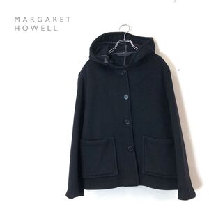 1I3039-N◆old◆ イギリス製 MARGARET HOWELL マーガレット・ハウエル メルトンウールコート ショート フーデッド◆size10 ブラック 毛