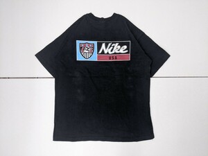 5．NIKE 90s ヴィンテージ オールド ナイキ スウォッシュ ロゴ刺繍 デカロゴ プリント 半袖 Tシャツ メンズM 黒白水色系x709