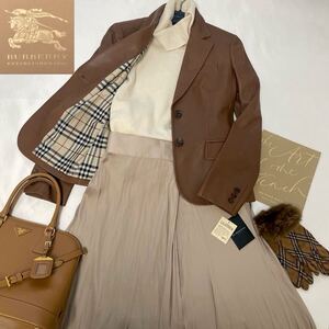 超美品◆バーバリー◆BURBERRY 40/11号/L メガチェックコンビ☆ラムレザーテーラードジャケット ビジネス フォーマル キャメルブラウン