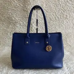 FURLA フルラ トートバッグ ネイビー レザー シボ革 チャーム  ハンド