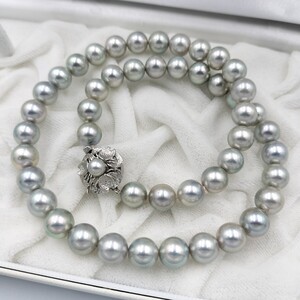 【テリ抜群!!】アコヤ あこや グレー パール ネックレス 8.5mm〜9mm 44cm K14WG 刻印 48.2g 本真珠 akoya pearl jewelry necklace 大珠