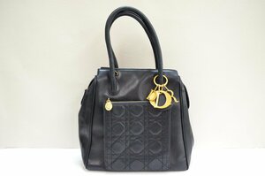 [fui]　Christian Dior クリスチャンディオール 黒 ブラック カナージュ ヴィンテージ レザー ゴールド金具 ロゴチャーム ハンドバッグ