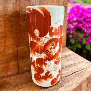 【FU10】壺 [ライオン] 中国雑貨 赤絵 フー 犬 獣 フラワーベース 花瓶 花入れ 丸壺 花器 陶器 中国 古美術 骨董品 アンティーク