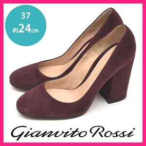 ほぼ新品 ジャンヴィトロッシ Gianvito Rossi ラウンドトゥ スエード チャンキーヒール パンプス ボルドー 37(約24cm) sh24-1076